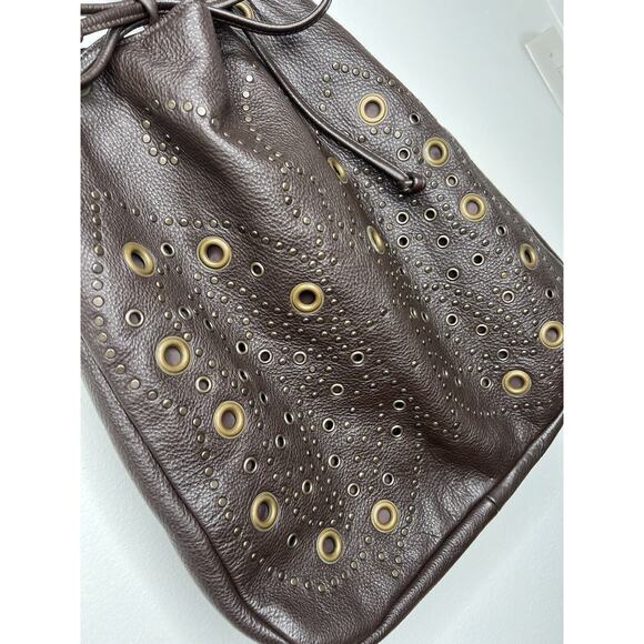 Y2K Hilton Weiner Leather Perforated Purse Studded Brown Bucket Bag Grommets - Picture 5 of 16